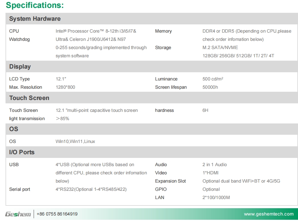 12.1 Inch Intel 11th Gen. i3i5i7 Economy Capacitive Panel PC