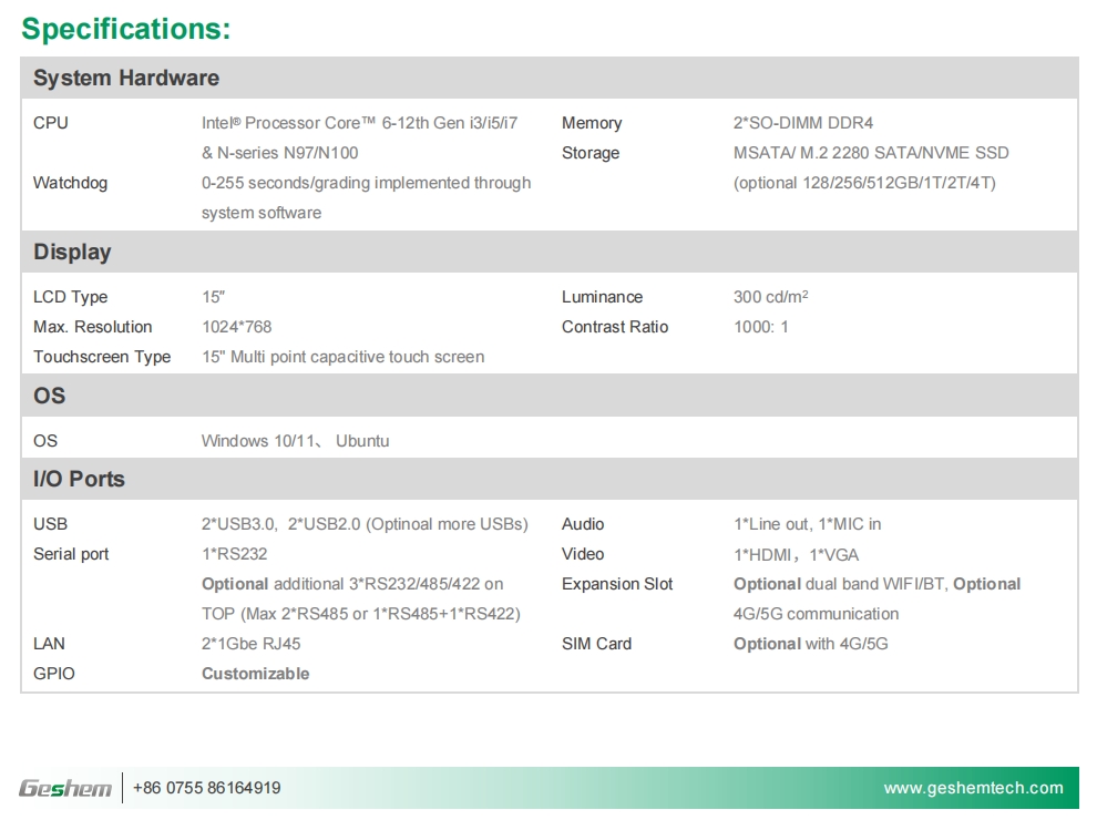 15 Inch Intel 12th Gen. i3i5i7 Economy Capacitive Panel PC