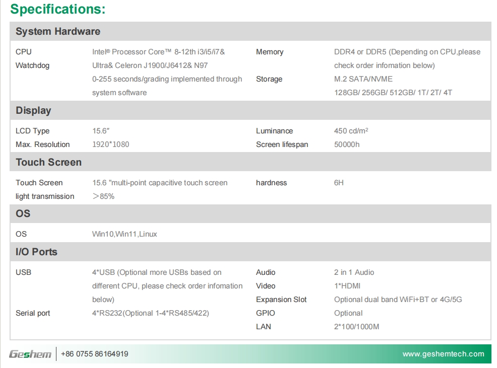 15.6 Inch Capacitive Panel PC - Intel 11th Gen i3/i5/i7, Rugged Touchscreen for Industrial Use
