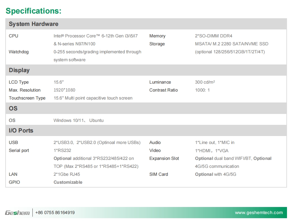 15.6 Inch Intel 12th Gen. i3i5i7 Economy Capacitive Panel PC