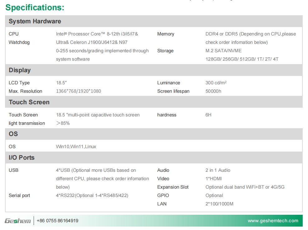 18.5 Inch Intel 11th Gen. i3i5i7 Economy Capacitive Panel PC