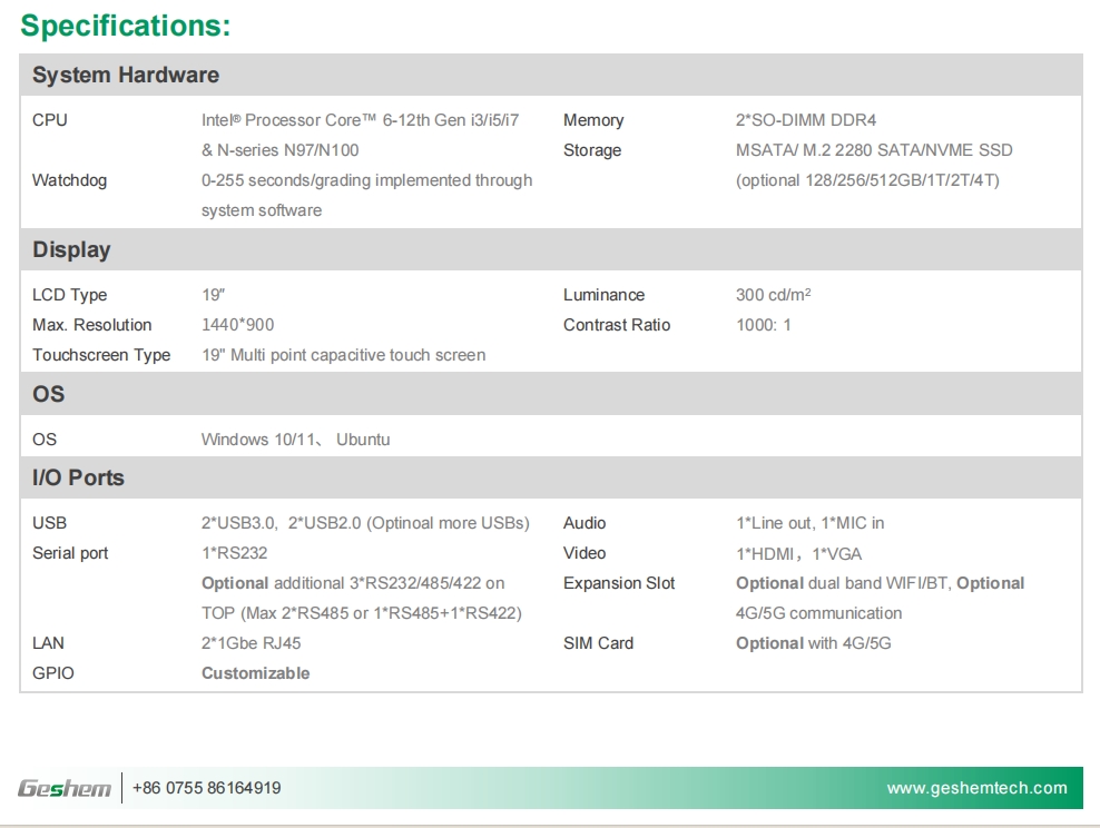 19 Inch Intel 12th Gen. i3i5i7 Economy Capacitive Panel PC