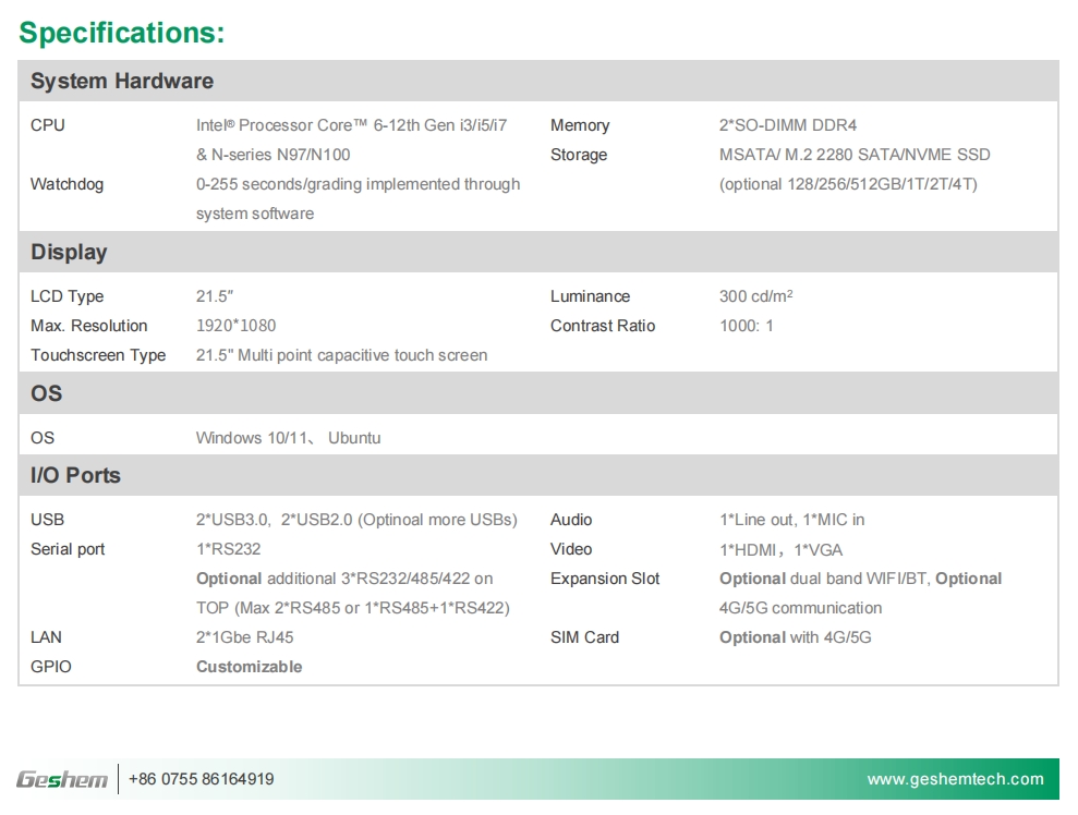 21.5 Inch Intel 12th Gen. i3i5i7 Economy Capacitive Panel PC